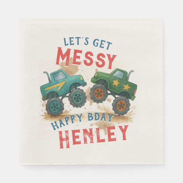 Monster Truck Watercolor Kids Birthday Party Napkins (Front)