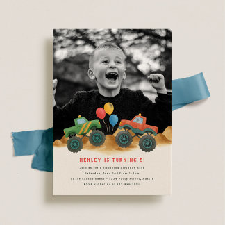 Monster Truck Watercolor Kids Photo Birthday Party Invitation