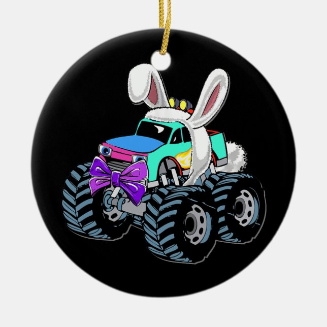 Monster Truck With Bunny Ears Happy Easter Day Ceramic Ornament (Front)