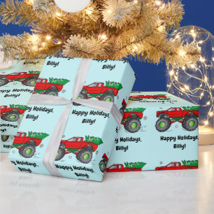 Monster Truck with Christmas Tree Name Customize Wrapping Paper