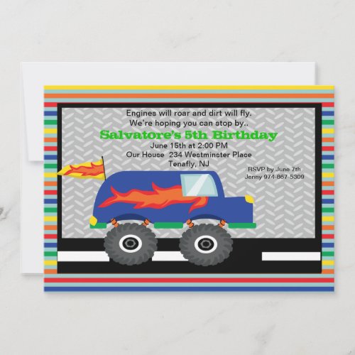 Monster Truck with Flames Birthday Invitation