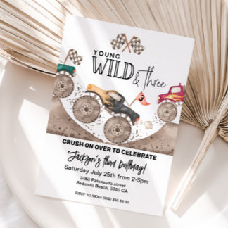Monster Truck Young Wild Three Birthday invite 