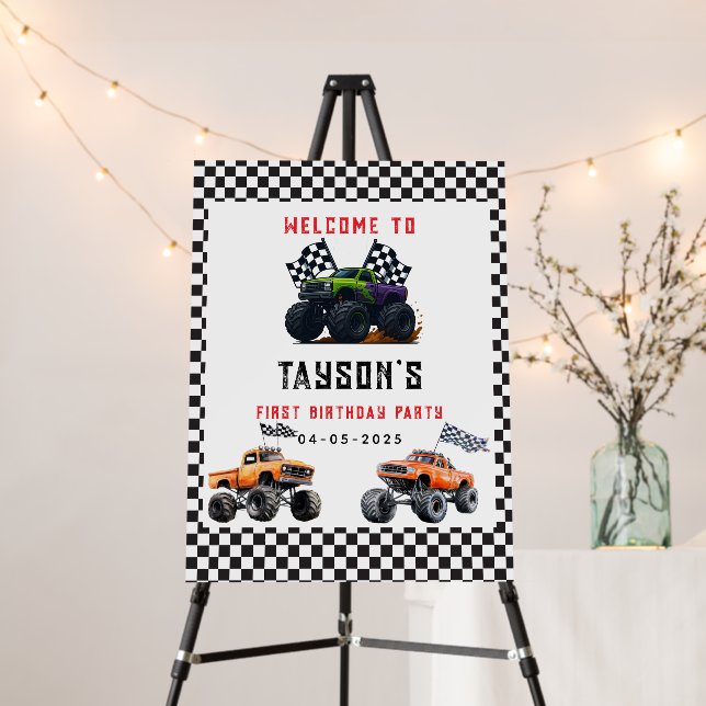 Monster Trucks 1st Birthday Party Banner – Vroom Foam Board (In Situ (Stand))