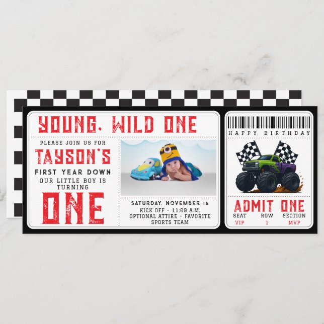 Monster Trucks 1st Birthday Ticket Invitation (Front/Back)