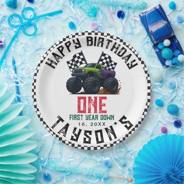 Monster Trucks 1st Birthday Vroom Party Paper Plates (Party)