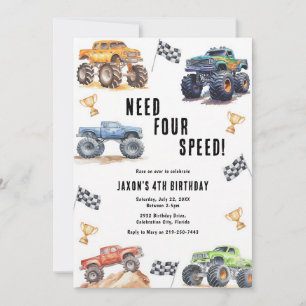 Monster Trucks 4th Birthday Invitation
