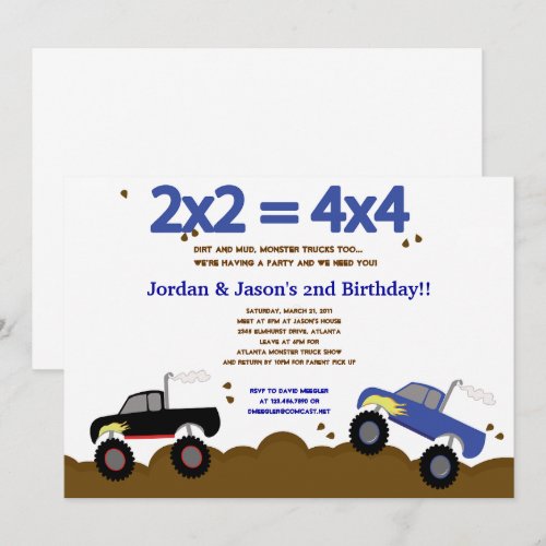 MONSTER TRUCKS 5x7 Birthday Invitations for Twins