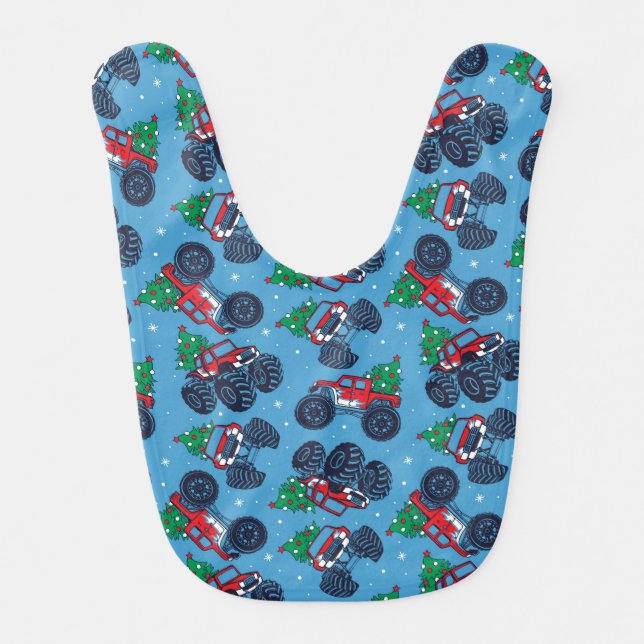 Monster Trucks and Christmas Trees Pattern Baby Bib (Front)
