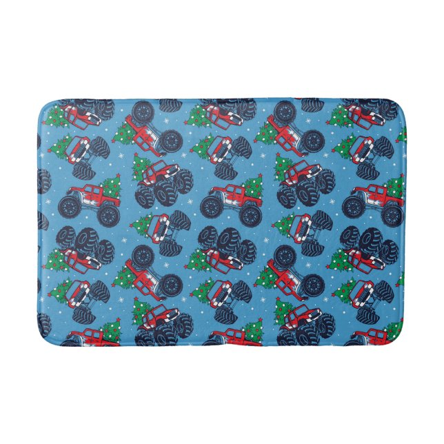 Monster Trucks and Christmas Trees Pattern Bath Mat (Front)