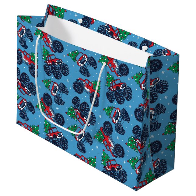 Monster Trucks and Christmas Trees Pattern Large Gift Bag (Front Angled)