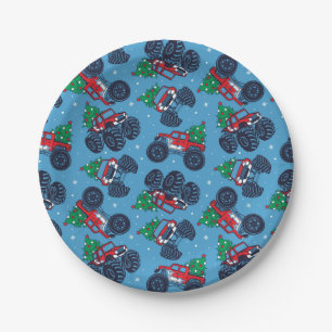 Monster Trucks and Christmas Trees Pattern Paper Plates