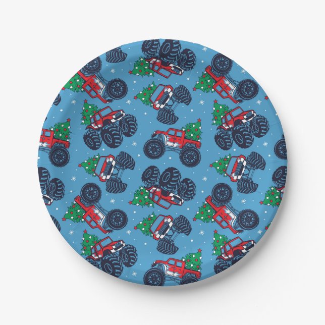 Monster Trucks and Christmas Trees Pattern Paper Plates (Front)