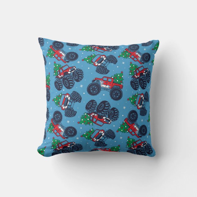 Monster Trucks and Christmas Trees Pattern Throw Pillow (Front)