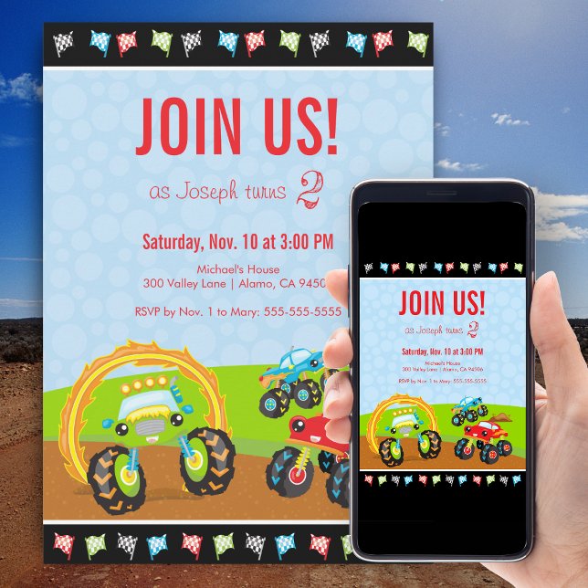 Monster Trucks and Race Flags Birthday Party Invitation (Creator Uploaded)