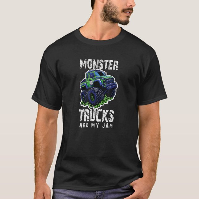 Monster Trucks Are My Jam Green Purple 4x4 for boy T-Shirt (Front)