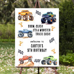 Monster Trucks Birthday Party Welcome Foam Board<br><div class="desc">Attention all little party animals! Get ready to rev up the fun with our 'BOOM, CLASH ITS A MONSTER TRUCK BASH' Birthday Kids Monster Car Trucks welcome sign. Adorned with adorable and vibrant monster car trucks, this modern typography script invites you to join in on the celebration. Let's roar into...</div>