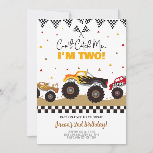Monster trucks boy birthday invitation. invitation (Front)