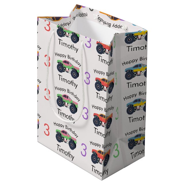 Monster Trucks Boy's Name & Age Birthday Medium Gift Bag (Back Angled)