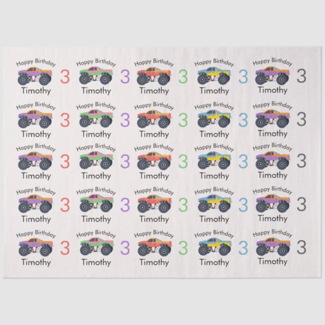 Monster Trucks Boy's Name & Age Birthday Tissue Paper (Front)