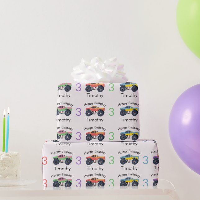 Monster Trucks Boy's Name & Age Birthday Wrapping Paper (Party Gifts)