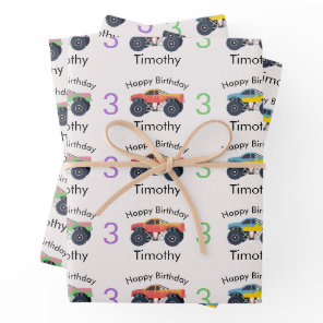 Monster Trucks Boy's Name & Age Birthday Wrapping Paper Sheets