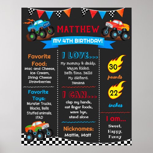 Monster Trucks Cars Birthday Milestone Sign Poster