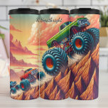 Monster Trucks Climbing Desert Hills Thermal Tumbler<br><div class="desc">This vibrant artwork depicts multiple monster trucks traversing a rugged, hilly desert landscape under a dramatic sky. The prominent truck in the foreground is green, with oversized tires, dynamic suspension, and red accents, seemingly ascending a steep orange and purple colored hill. Behind it, other trucks follow, kicking up dust, all...</div>