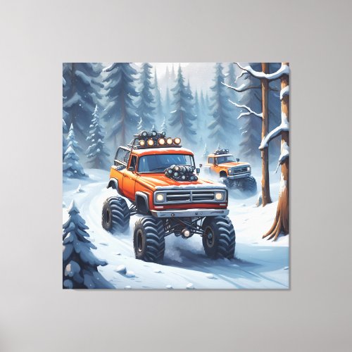 Monster Trucks Driving In Snowy Forest Canvas Print