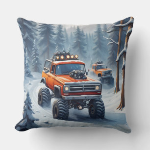 Monster Trucks Driving In Snowy Forest Throw Pillow
