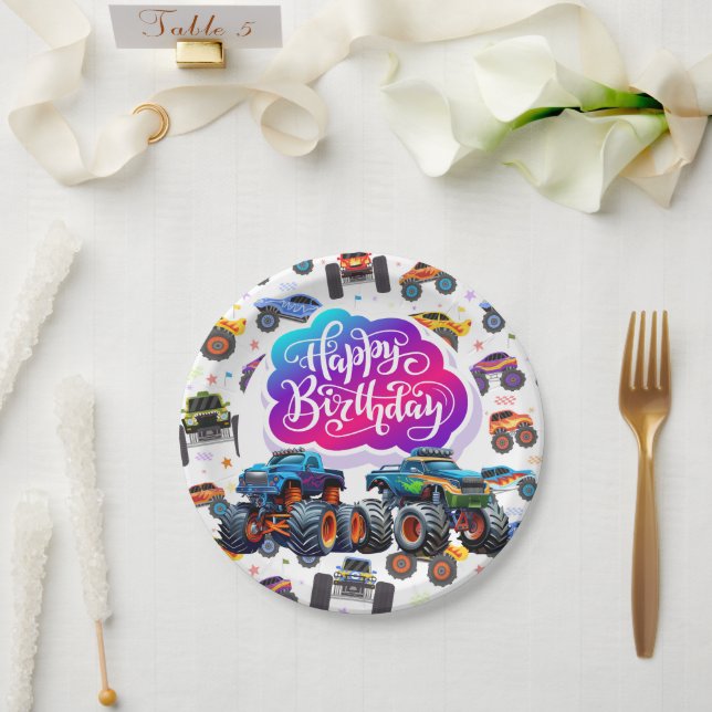 Monster Trucks Happy Birthday Paper Plates (Wedding)