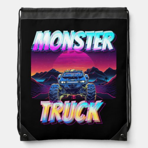 Monster Trucks Lover Retro Vaporwave Style Mountai Drawstring Bag