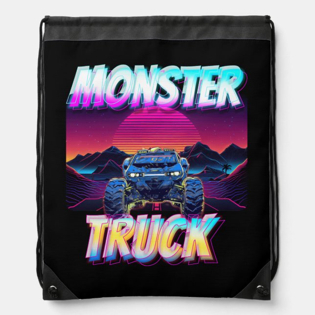 Monster Trucks Lover Retro Vaporwave Style Mountai Drawstring Bag (Front)