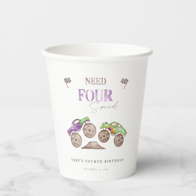 Monster Trucks Need FOUR Speed Birthday Paper Cup (Front)