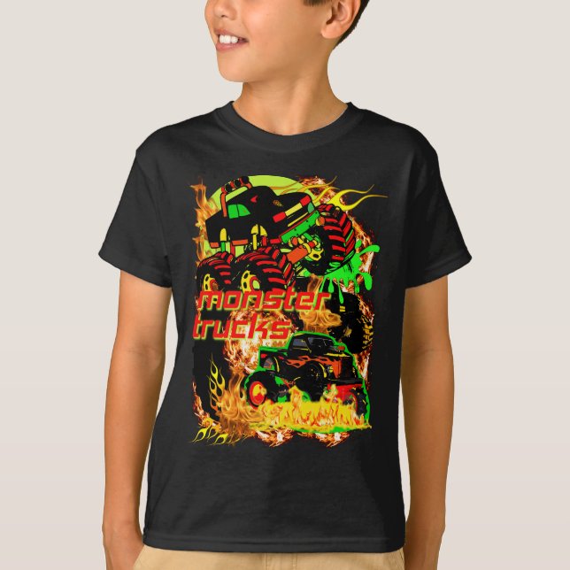 MONSTER TRUCKS ON FIRE FOR REAL TRUCK HEADS tshirt (Front)