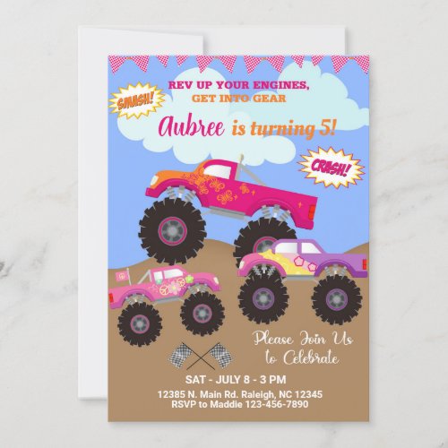 Monster trucks pink girl birthday invitation invitation
