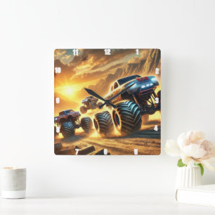 Monster Trucks Racing in a Desert at Sunset Square Wall Clock