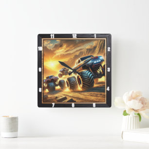 Monster Trucks Racing in a Desert at Sunset Square Wall Clock