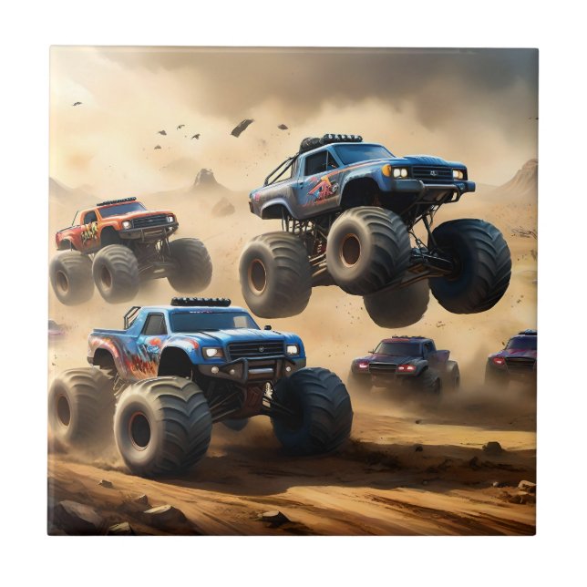 Monster Trucks Racing In The Desert, Ceramic Tile (Front)