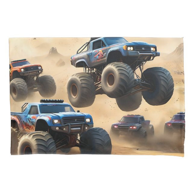 Monster Trucks Racing In The Desert, Pillow Case (Front)