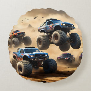 Monster Trucks Racing In The Desert, Round Pillow