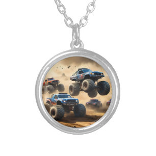 Monster Trucks Racing In The Desert, Silver Plated Necklace