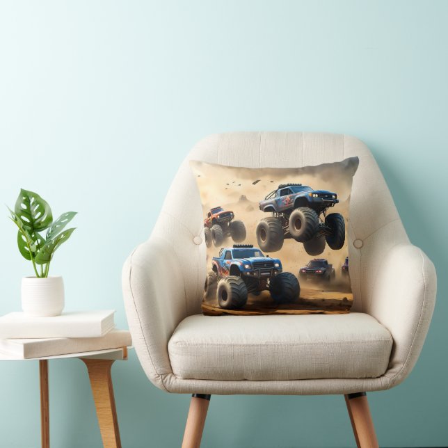 Monster Trucks Racing In The Desert, Throw Pillow (Chair)