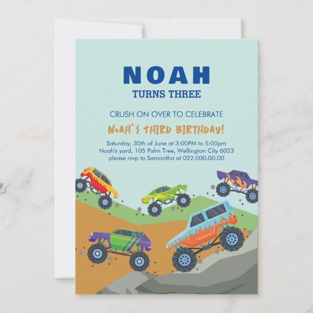 Monster Trucks Themed Birthday Invitation 5"x7" (Front)