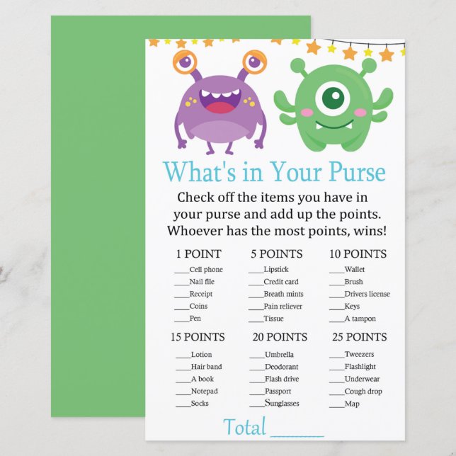 Monster What's In Your Purse Game baby shower (Front/Back)