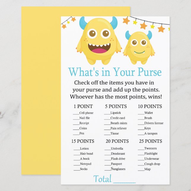 Monster What's in your purse game baby shower (Front/Back)