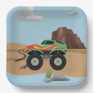 Monster wheels orange, yellow, green paper plates