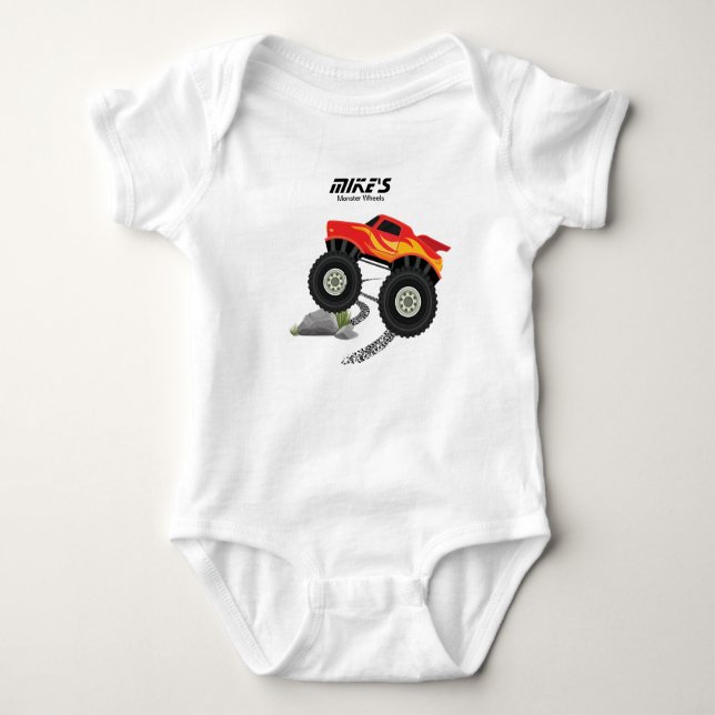 Monster  wheels orange, yellow, red, green baby b baby bodysuit (Front)