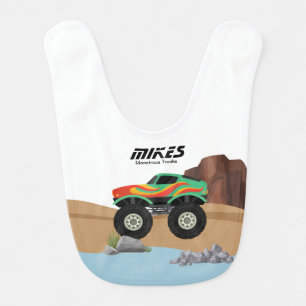 Monster  wheels orange, yellow, red, green baby bib