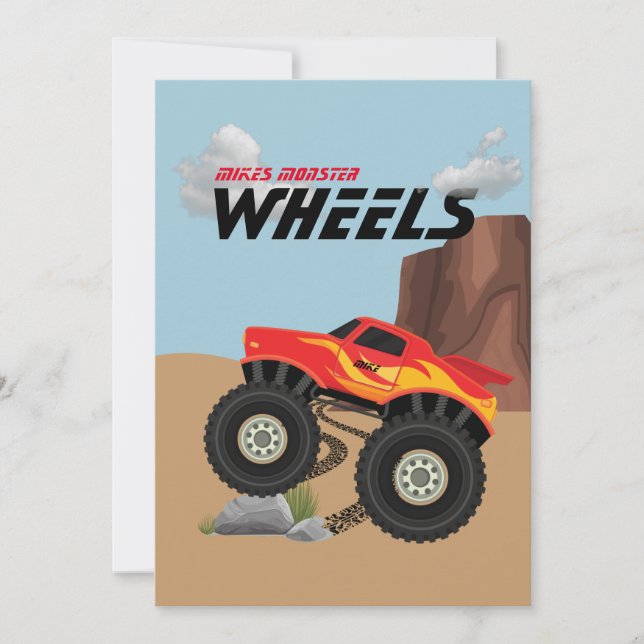 Monster  wheels orange, yellow, red, green invitat invitation (Front)