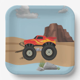 Monster wheels orange, yellow, red paper plates